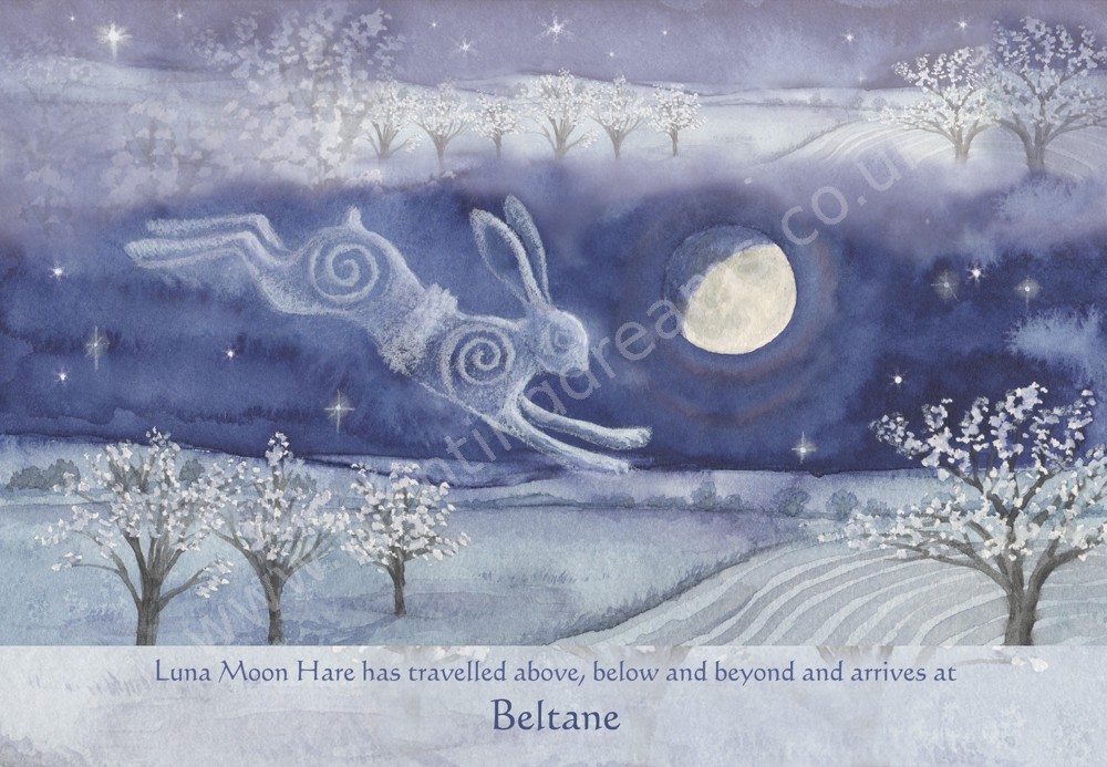 Luna Moon Hare at Beltane Greetings Card - Painting Dreams